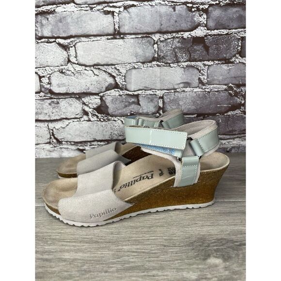 Birkenstock Papillio Grey Nubuck Suede Teal Patent Cork Wedge Sandals Women 38EU - Picture 10 of 16